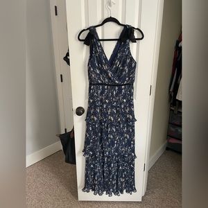 Lulus Such Sophistication Navy Blue Floral Print Pleated Maxi Dress (Size M)